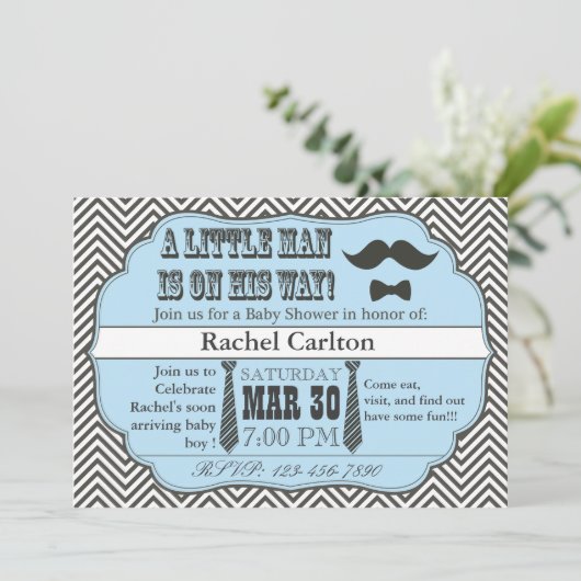 Blauwe snor & Stropdas Babyschoenen Kaart (Staand voorkant)