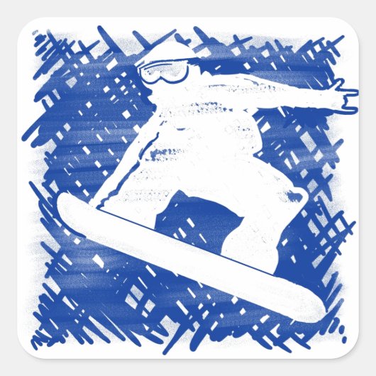 Blauwe snowboarder cross hatch art vierkante sticker (Voorkant)