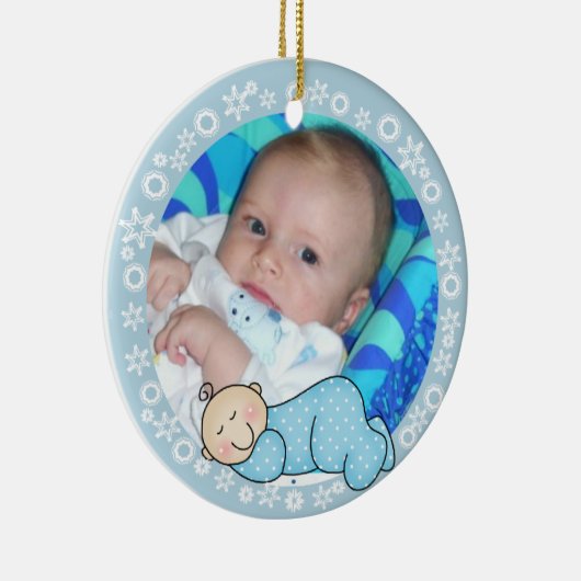Blauwe Snowflake Baby 1e kerstversiering Keramisch Ornament (Rechts)