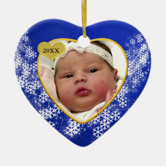 Blauwe Snowflake Baby's eerste kerstfoto Keramisch Ornament (Voorkant)