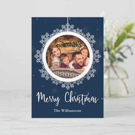 Blauwe Snowflake kerstfoto Feestdagenkaart (Staand voorkant)