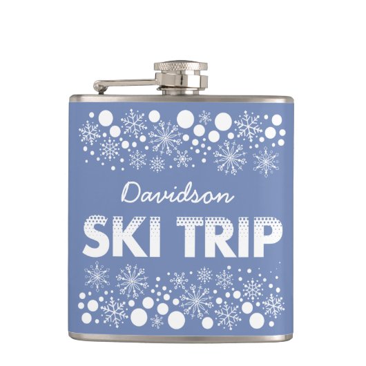 Blauwe Snowflake Ski Trip-kolf Heupfles (Voorkant)