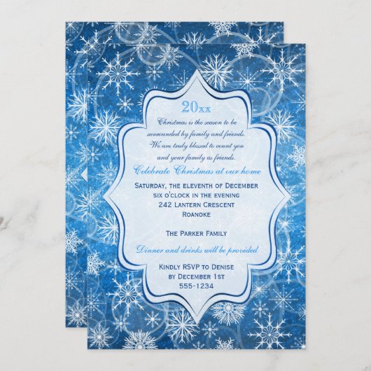 Blauwe Snowflakes Holiday Party Uitnodiging (Voorkant / Achterkant)