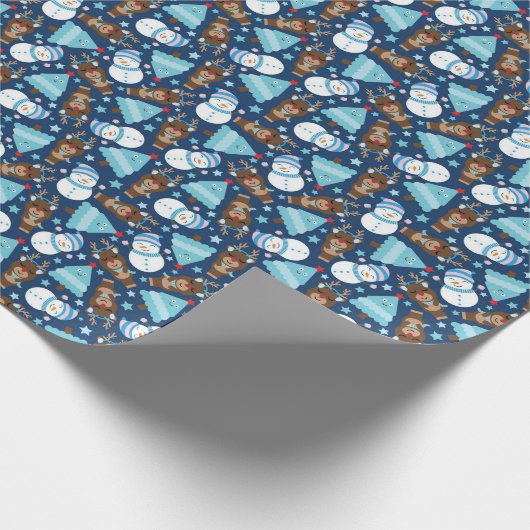 Blauwe Snowman en Blauwe kerstboom Cadeaupapier (Hoek)