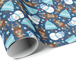 Blauwe Snowman en Blauwe kerstboom Cadeaupapier