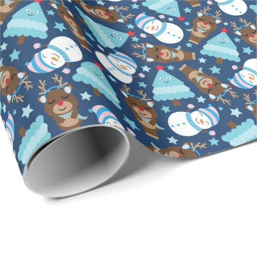 Blauwe Snowman en Blauwe kerstboom Cadeaupapier (Rol Hoek)