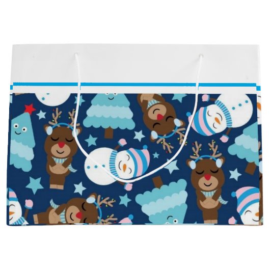 Blauwe Snowman en Blauwe kerstboom Gift Bag Groot Cadeauzakje (Voorkant)
