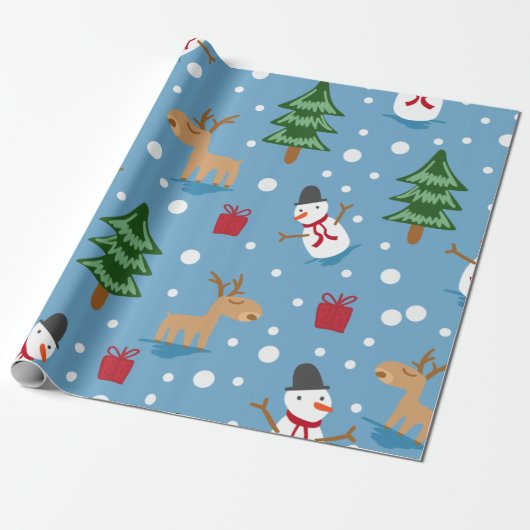 Blauwe Snowman en rode, gele cadeautjes Cadeaupapier (Uitgerold)