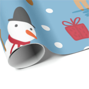 Blauwe Snowman en rode, gele cadeautjes Cadeaupapier