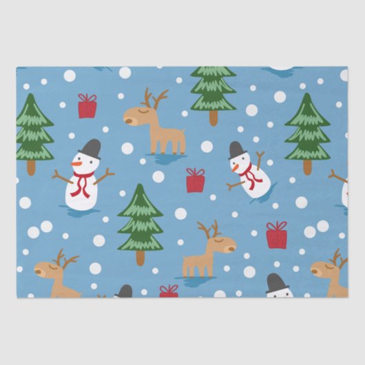 Blauwe Snowman en rode, gele cadeautjes Tissuepapier (Voorkant)