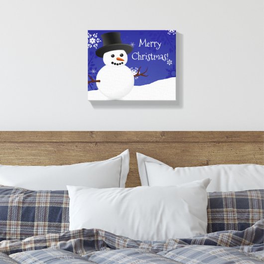 Blauwe Snowman Winter Scene Kerstcanvas Afdrukken (Insitu (Slaapkamer))
