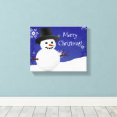 Blauwe Snowman Winter Scene Kerstcanvas Afdrukken (Insitu (Houten vloer))