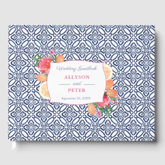 Blauwe Spaanse Tegels met Citrus Sinaasappels Brui Gastenboek (Voorkant)