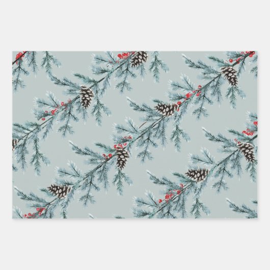 Blauwe spar witte kegels rode bessen Garland Inpakpapier Vel (Voorkant 3)