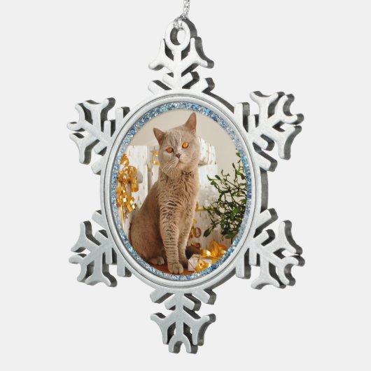 Blauwe Sparkle Border Cat and Pet Photo Ornament (Rechts)