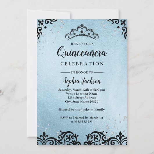 Blauwe Sparkle Tiara Damask Quinceanera Kaart (Voorkant)