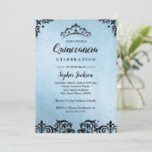 Blauwe Sparkle Tiara Damask Quinceanera Kaart (Staand voorkant)