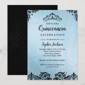 Blauwe Sparkle Tiara Damask Quinceanera Kaart (Voorkant / Achterkant)
