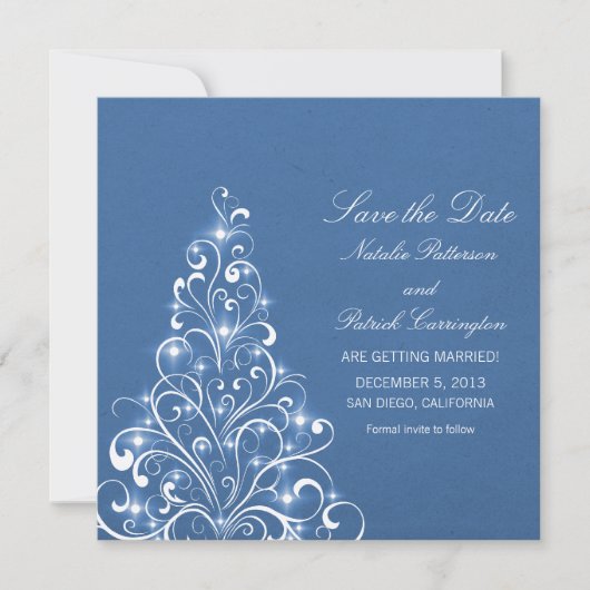 Blauwe Sparkly Holiday Boom sparen de Datum uitnod Save The Date (Voorkant)