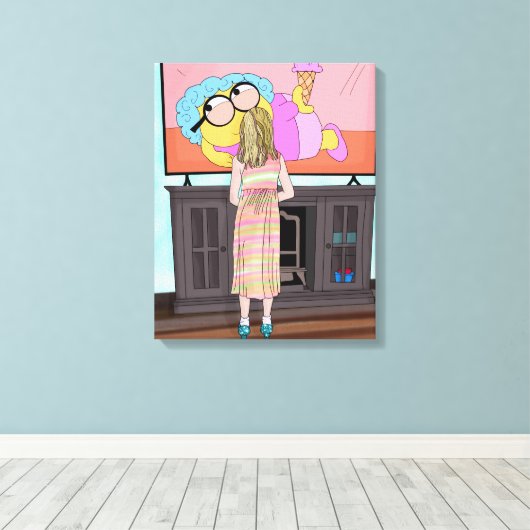 Blauwe Sparkly Schoenen | Klein meisje dat tv kijk Canvas Afdruk (Insitu (Houten vloer))