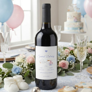 Blauwe Speciale Bezorging Ooievaar Baby Shower Wijn Etiket