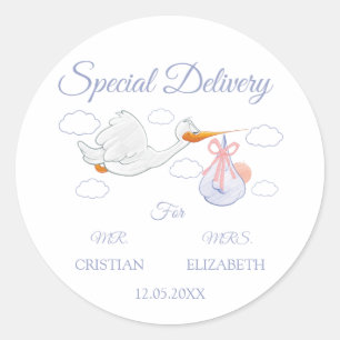 Blauwe Speciale Levering Ooievaar Baby Shower Ronde Sticker