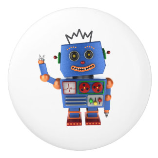 Blauwe speelgoed robot die hallo zwaait keramische knop