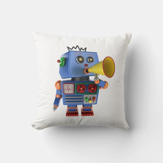 Blauwe speelgoed robot met bullhorn kussen (Voorkant)