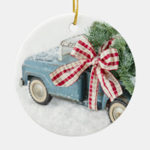 Blauwe Speelgoed vrachtwagen met kerstboom Keramisch Ornament
