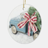 Blauwe Speelgoed vrachtwagen met kerstboom Keramisch Ornament (Links)