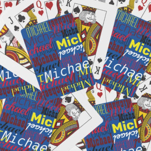Blauwe speelkaarten met namen in kleuren