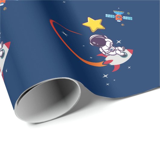 Blauwe speelse buitenaardse astronaut Rocket verja Cadeaupapier (Rol Hoek)