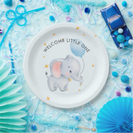 Blauwe Speelse Olifanten Baby Shower Papieren Bordje