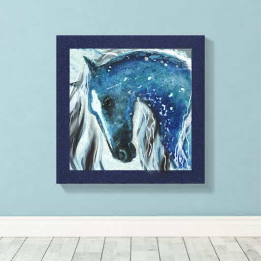 Blauwe spekel Paard Kunst op Verpakt Canvas (Insitu (Houten vloer))