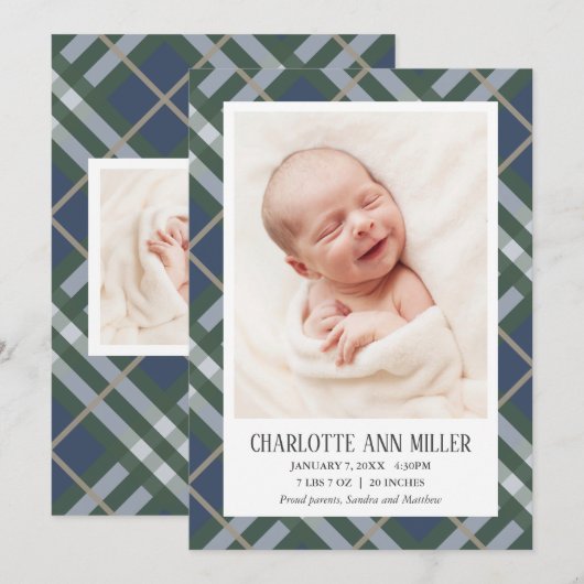 Blauwe speldenfotokaart voor geboorte Baby Aankondiging (Voorkant / Achterkant)