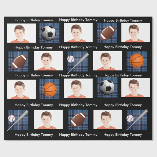 Blauwe speldensport en sport met foto van Birthday Cadeaupapier (Vlak)