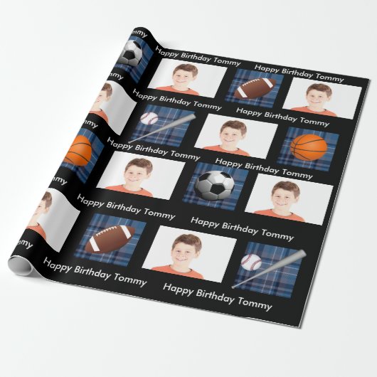 Blauwe speldensport en sport met foto van Birthday Cadeaupapier (Uitgerold)