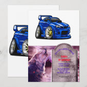 Blauwe spierauto snelheid cartoon - Kies achtergro Kaart (Voorkant / Achterkant)