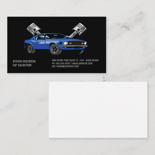 Blauwe Spierauto | Zuigers | Auto Visitekaartje (Voorkant / Achterkant)