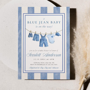 Blauwe spijkerbaby shower uitnodiging, denim baby  kaart
