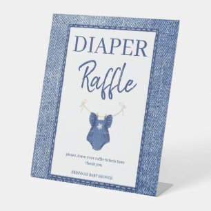 Blauwe spijkerbaby shower voor meisje luierraffle reclamebord met voetstuk
