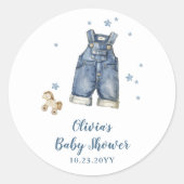 Blauwe spijkerbabyfeest ronde sticker (Voorkant)