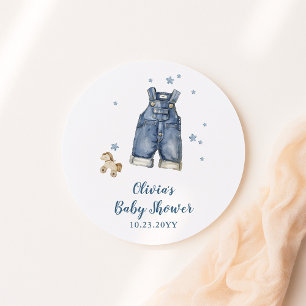 Blauwe spijkerbabyfeest ronde sticker