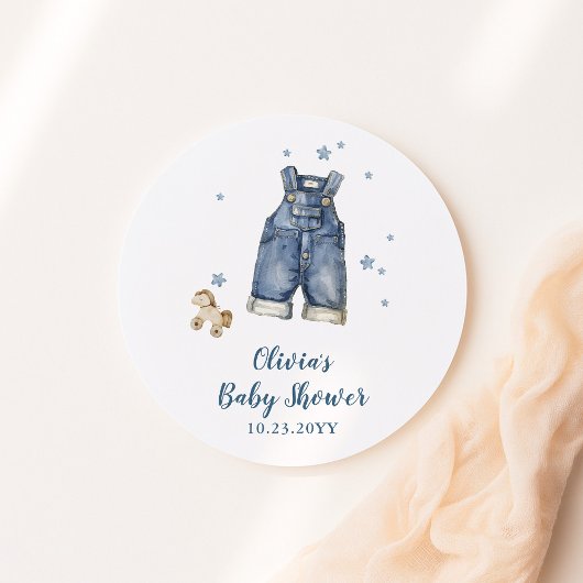Blauwe spijkerbabyfeest ronde sticker