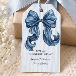 Blauwe spijkerboog babyshower cadeaulabel
