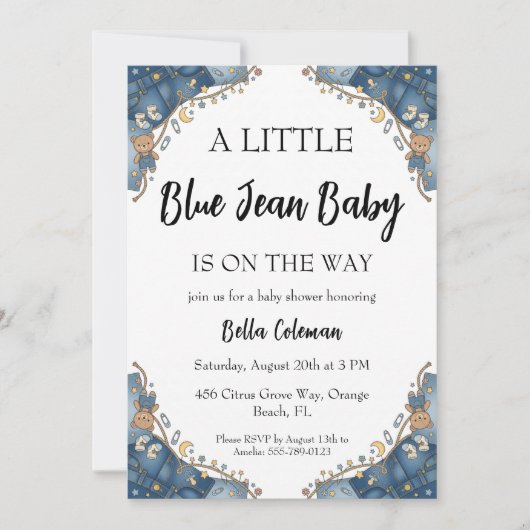 blauwe spijkerbroek baby shower uitnodigingen (Voorkant)
