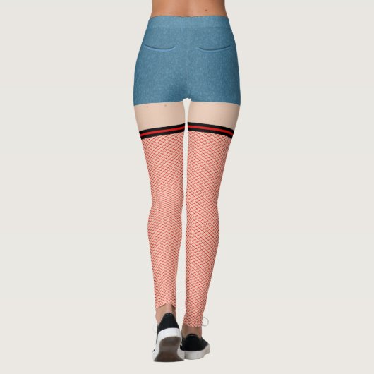 Blauwe spijkerbroek met rode en zwarte visnetten leggings (Achterkant)