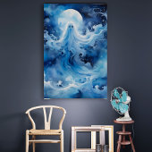 Blauwe spookachtige figuur met maan perfect poster