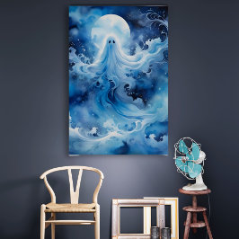 Blauwe spookachtige figuur met maan perfect poster