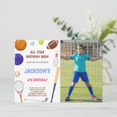 Blauwe sport Birthday Uitnodigingen met foto (Staand voorkant)